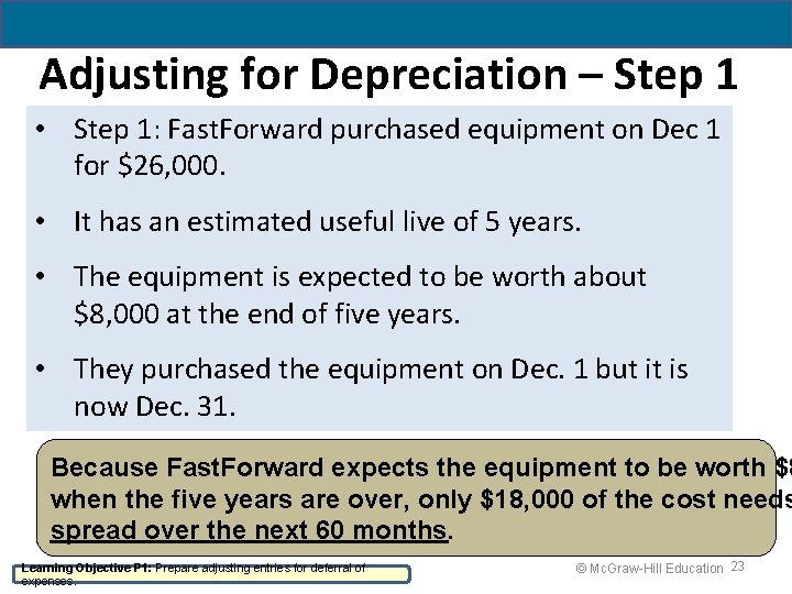 Adjusting for Depreciation – Step 1 • Step 1: Fast. Forward purchased equipment on