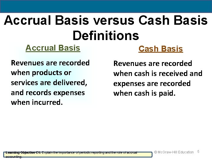 Accrual Basis versus Cash Basis Definitions Accrual Basis Revenues are recorded when products or