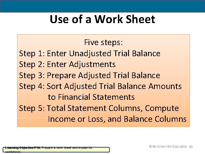 Use of a Work Sheet Five steps: Step 1: Enter Unadjusted Trial Balance Step