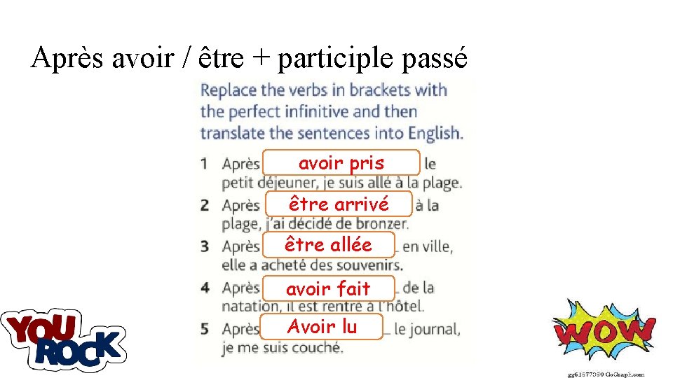 Après avoir / être + participle passé avoir pris être arrivé être allée avoir