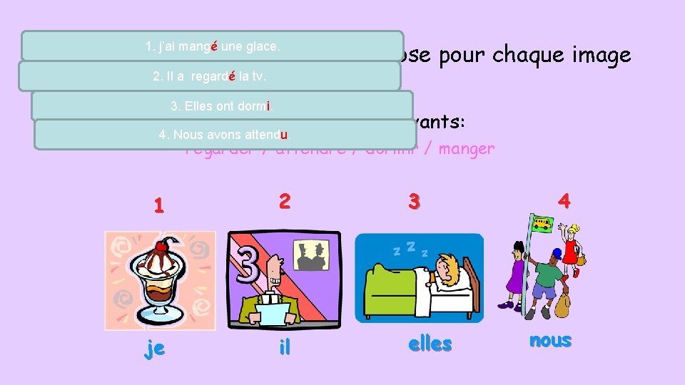 Ecris une phrase au passe compose pour chaque image 1. j’ai mangé une glace.
