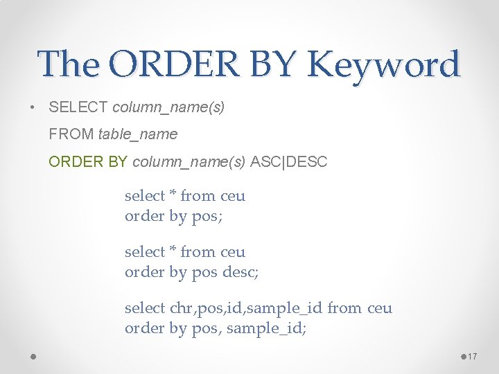 The ORDER BY Keyword • SELECT column_name(s) FROM table_name ORDER BY column_name(s) ASC|DESC select The ORDER BY Keyword • SELECT column_name(s) FROM table_name ORDER BY column_name(s) ASC|DESC select