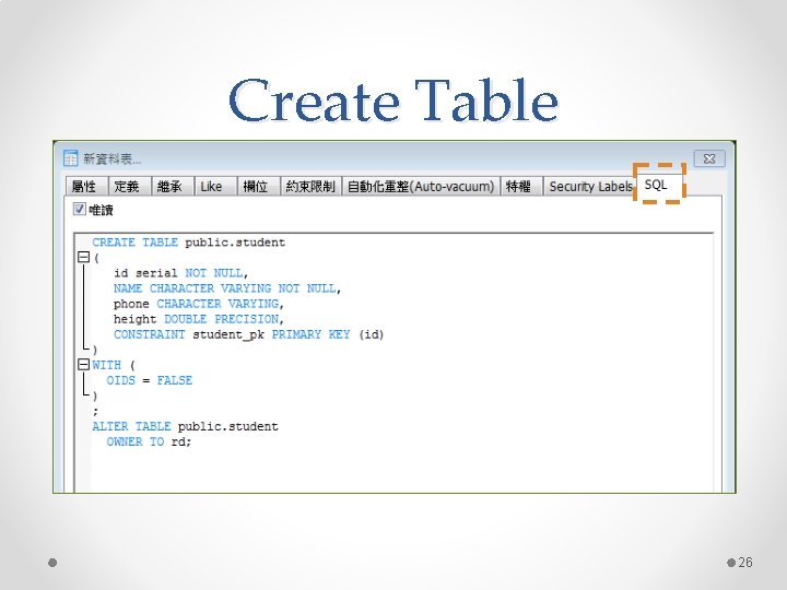 Create Table 26 Create Table 26
