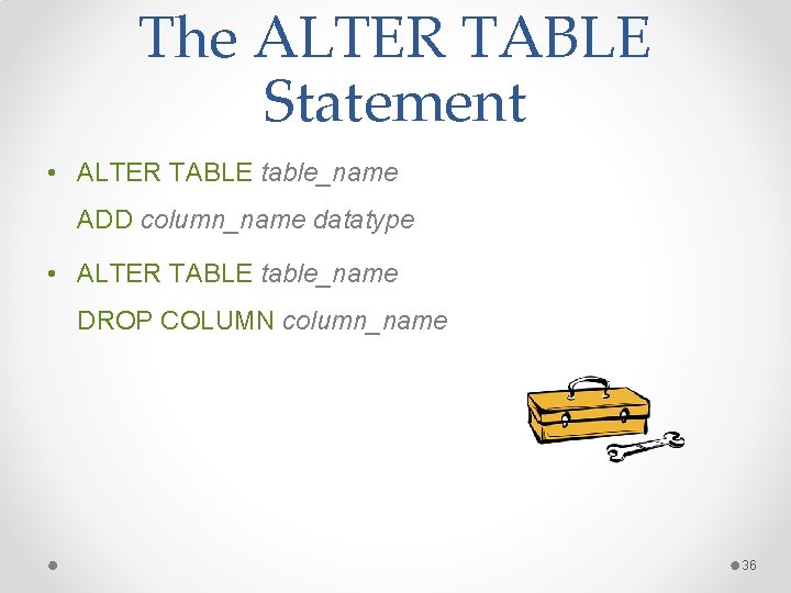 The ALTER TABLE Statement • ALTER TABLE table_name ADD column_name datatype • ALTER TABLE The ALTER TABLE Statement • ALTER TABLE table_name ADD column_name datatype • ALTER TABLE