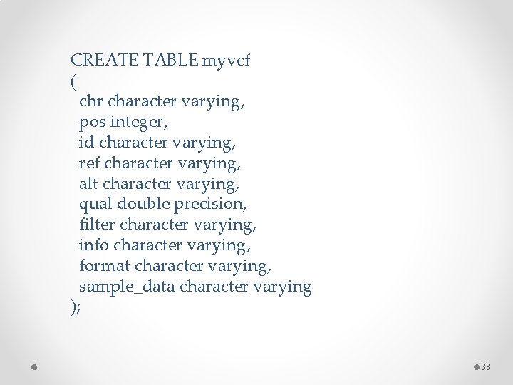 CREATE TABLE myvcf ( chr character varying, pos integer, id character varying, ref character CREATE TABLE myvcf ( chr character varying, pos integer, id character varying, ref character