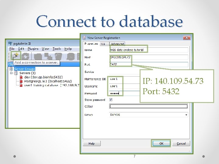Connect to database IP: 140. 109. 54. 73 Port: 5432 7 Connect to database IP: 140. 109. 54. 73 Port: 5432 7