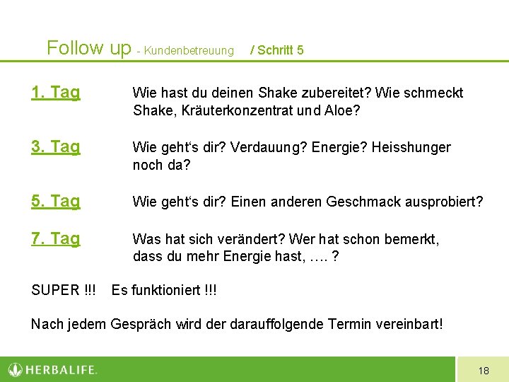 Follow up - Kundenbetreuung / Schritt 5 1. Tag Wie hast du deinen Shake