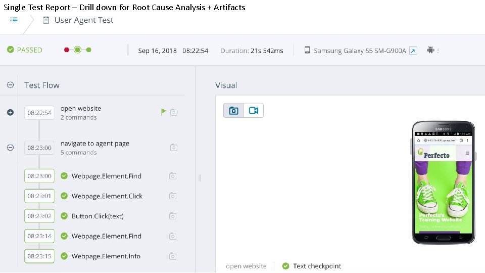 Single Test Report – Drill down for Root Cause Analysis + Artifacts 