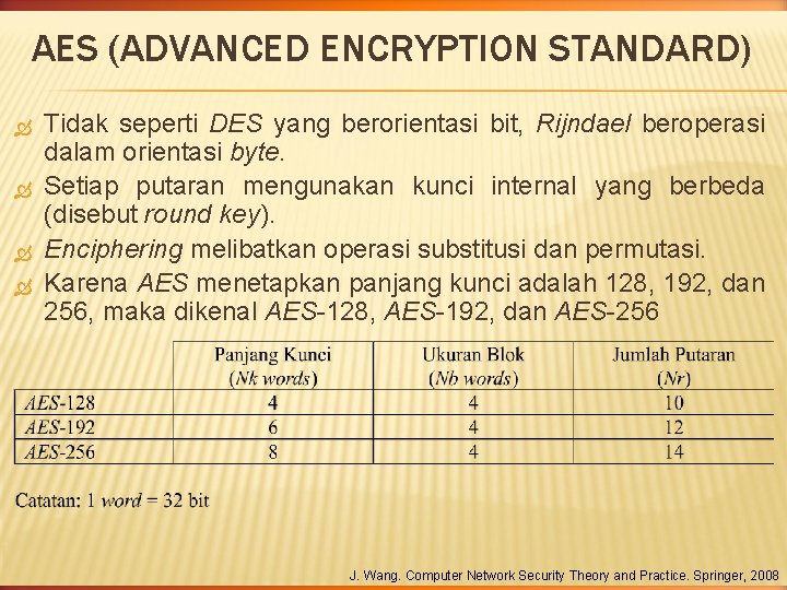 AES (ADVANCED ENCRYPTION STANDARD) Tidak seperti DES yang berorientasi bit, Rijndael beroperasi dalam orientasi