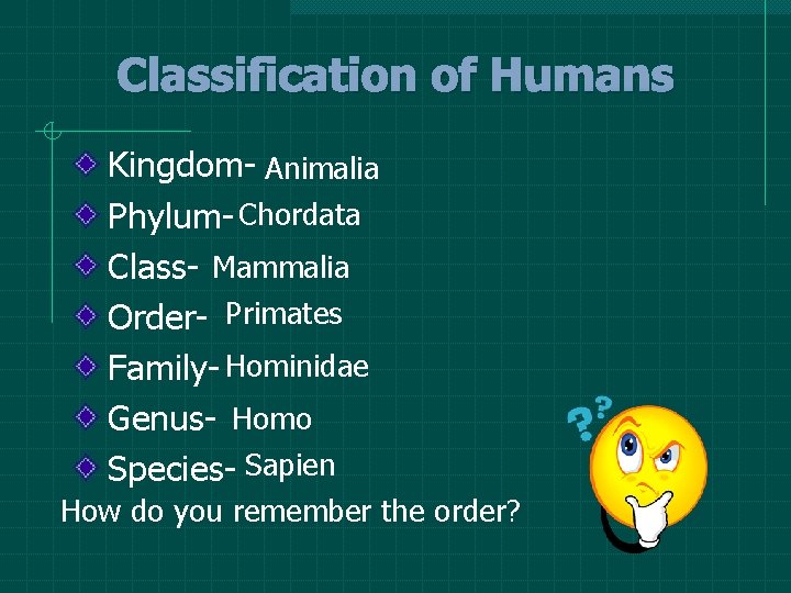 Classification of Humans Kingdom- Animalia Phylum- Chordata Class- Mammalia Order- Primates Family- Hominidae Genus- Classification of Humans Kingdom- Animalia Phylum- Chordata Class- Mammalia Order- Primates Family- Hominidae Genus-