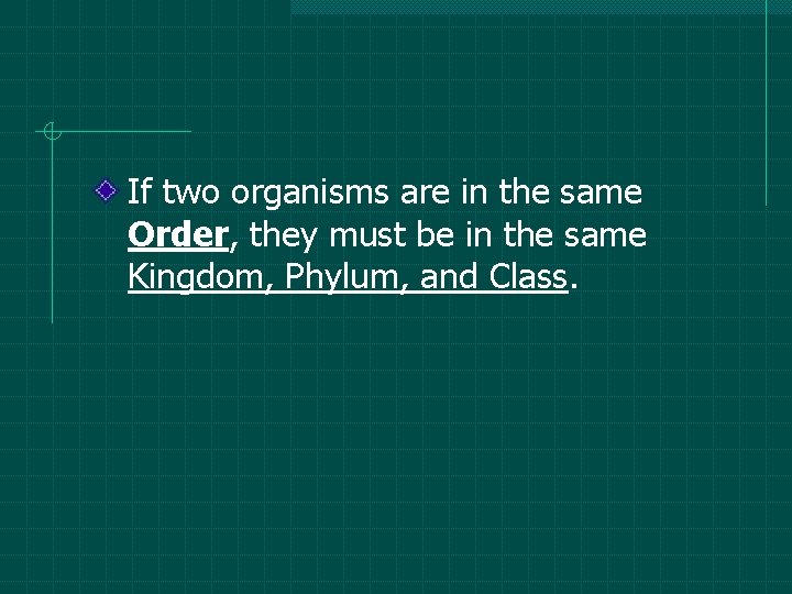 If two organisms are in the same Order, they must be in the same If two organisms are in the same Order, they must be in the same