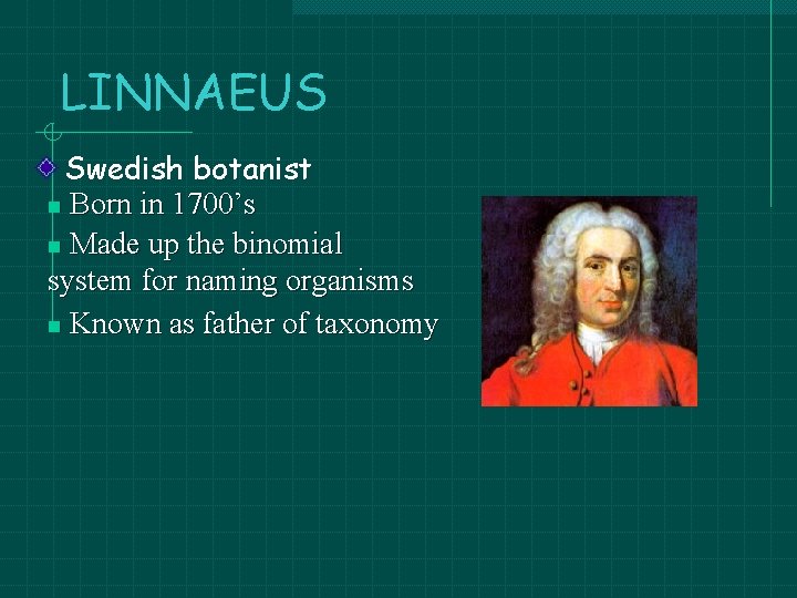 LINNAEUS Swedish botanist n Born in 1700’s n Made up the binomial system for LINNAEUS Swedish botanist n Born in 1700’s n Made up the binomial system for