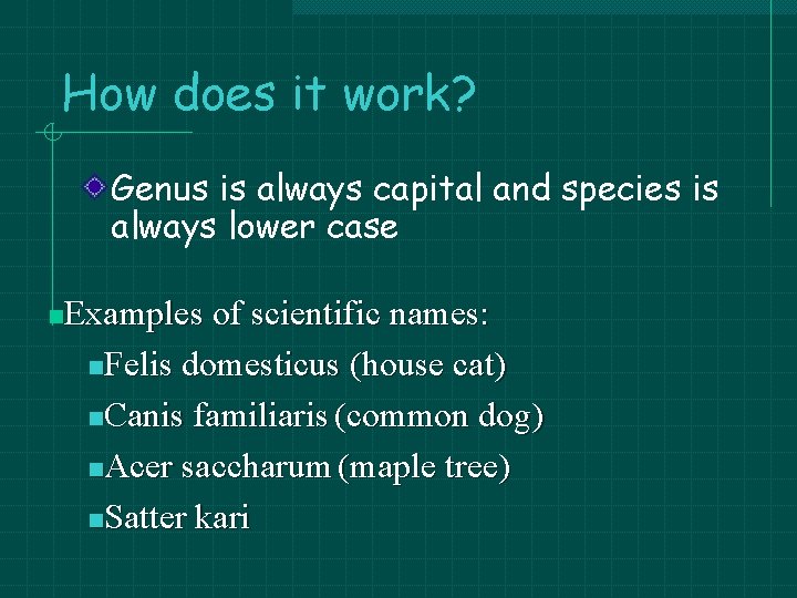 How does it work? Genus is always capital and species is always lower case How does it work? Genus is always capital and species is always lower case