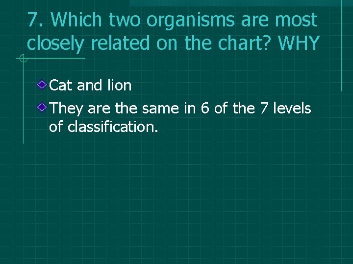 7. Which two organisms are most closely related on the chart? WHY Cat and 7. Which two organisms are most closely related on the chart? WHY Cat and