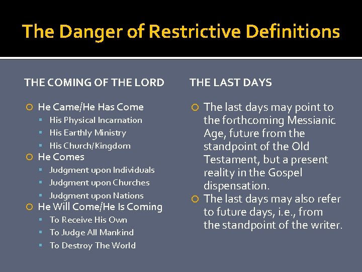The Danger of Restrictive Definitions THE COMING OF THE LORD He Came/He Has Come