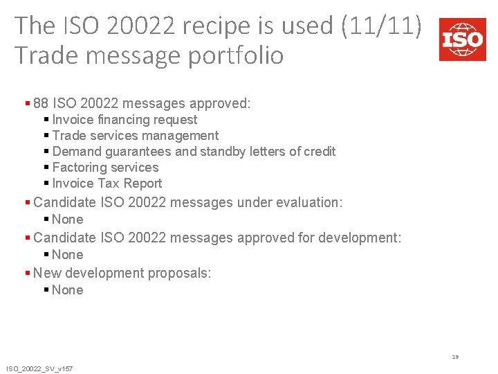 The ISO 20022 recipe is used (11/11) Trade message portfolio § 88 ISO 20022 The ISO 20022 recipe is used (11/11) Trade message portfolio § 88 ISO 20022