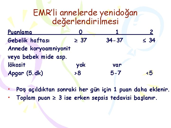 EMR’li annelerde yenidoğan değerlendirilmesi Puanlama 0 Gebelik haftası 37 Annede koryoamniyonit veya bebek mide