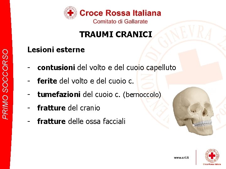 PRIMO SOCCORSO TRAUMI CRANICI Lesioni esterne - contusioni del volto e del cuoio capelluto