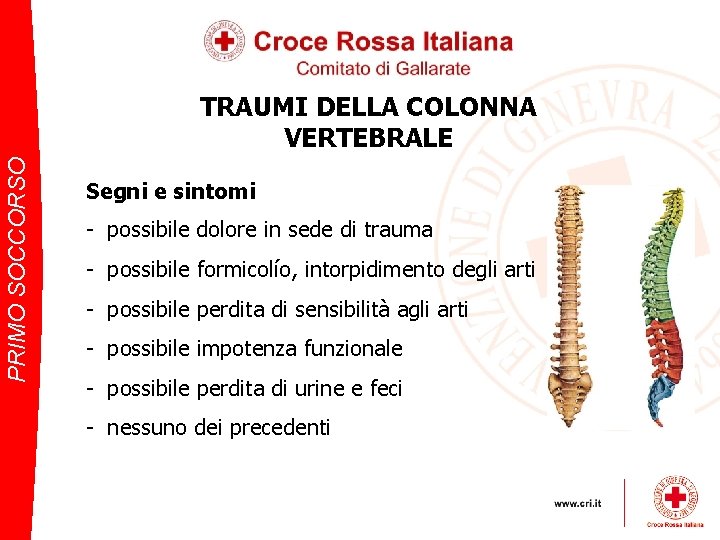 PRIMO SOCCORSO TRAUMI DELLA COLONNA VERTEBRALE Segni e sintomi - possibile dolore in sede