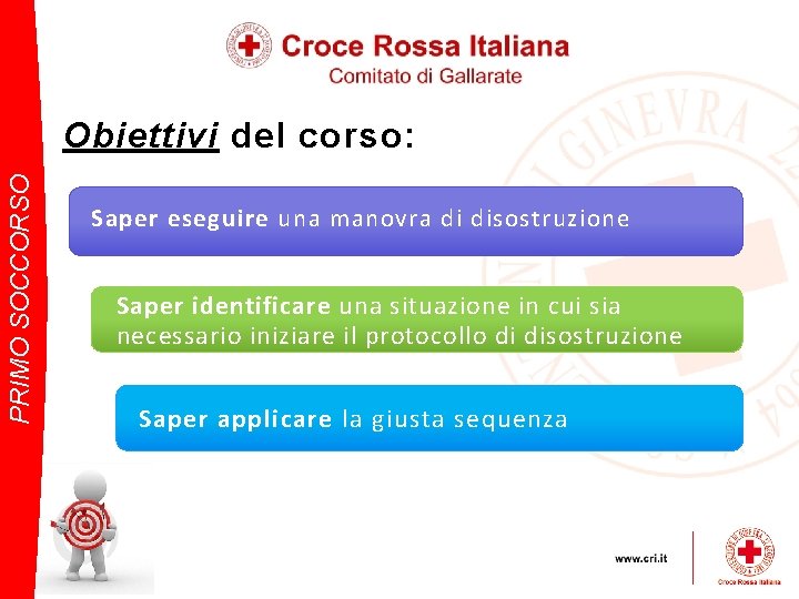 PRIMO SOCCORSO Obiettivi del corso: Saper eseguire una manovra di disostruzione Saper identificare una