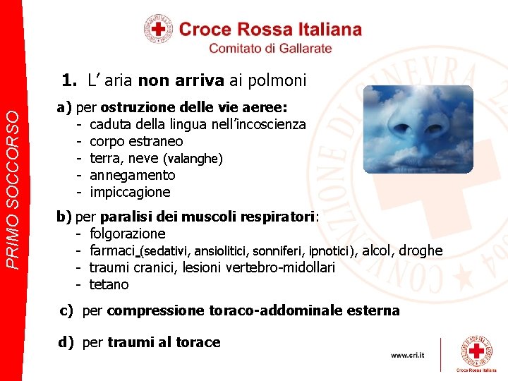 PRIMO SOCCORSO 1. L’ aria non arriva ai polmoni a) per ostruzione delle vie