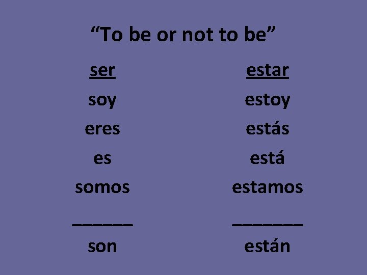 “To be or not to be” ser soy eres es somos ______ son estar