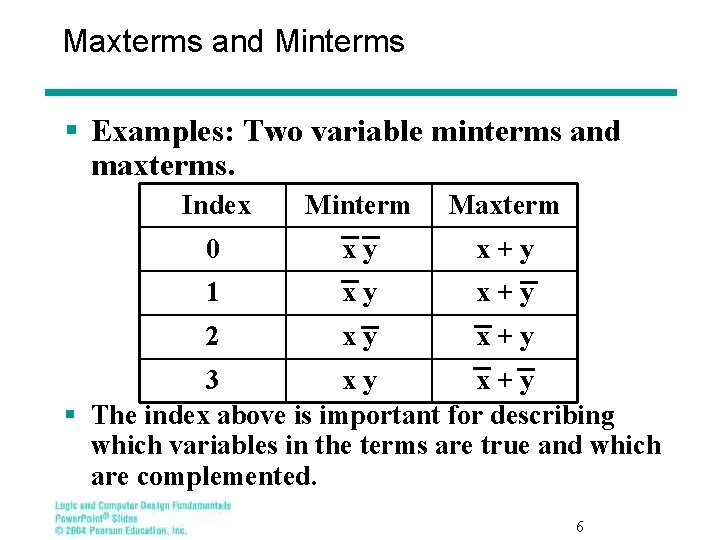 Maxterms and Minterms § Examples: Two variable minterms and maxterms. Index Minterm Maxterm 0