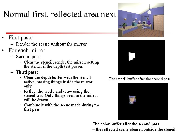 Normal first, reflected area next • First pass: – Render the scene without the