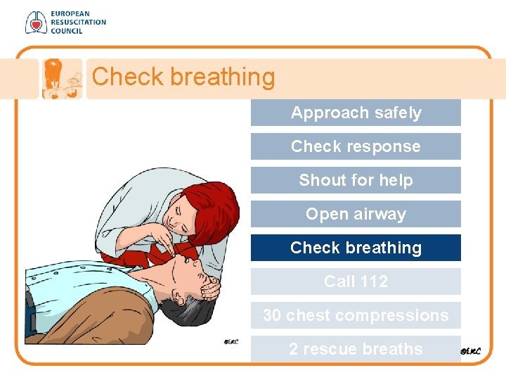 Check breathing Approach safely Check response Shout for help Open airway Check breathing Call