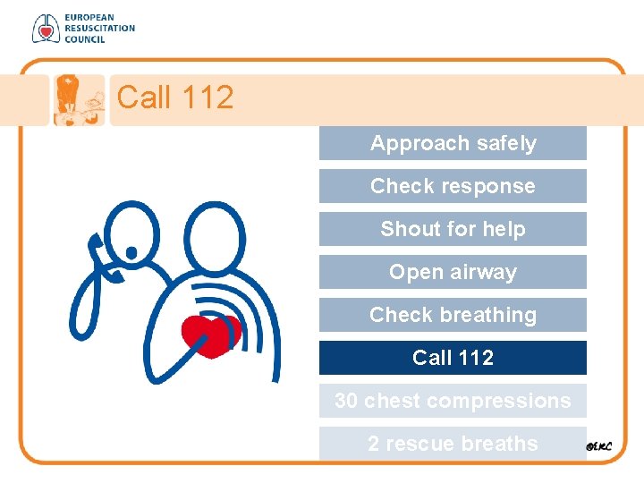 Call 112 Approach safely Check response Shout for help Open airway Check breathing Call