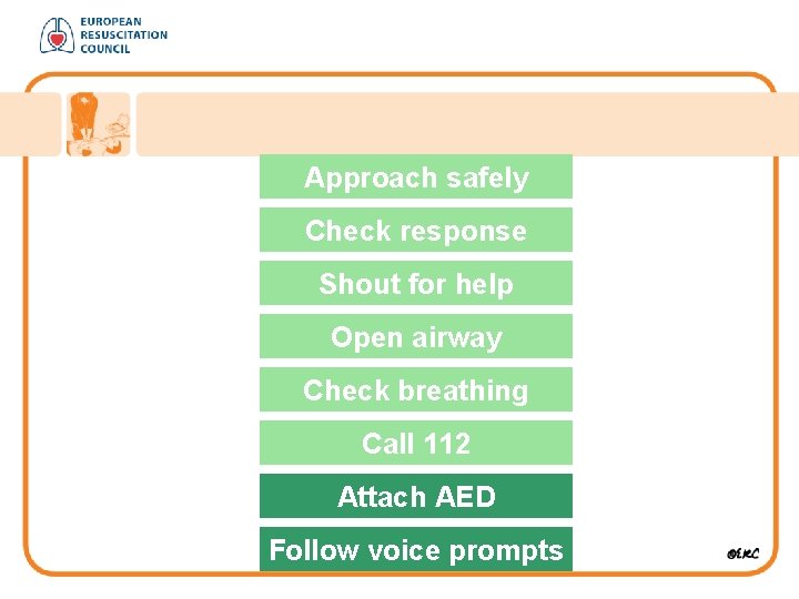 Approach safely Check response Shout for help Open airway Check breathing Call 112 Attach