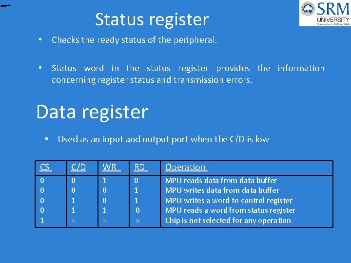 Status register • Checks the ready status of the peripheral. • Status word in