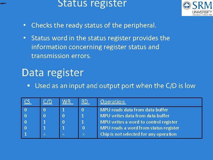 Status register • Checks the ready status of the peripheral. • Status word in