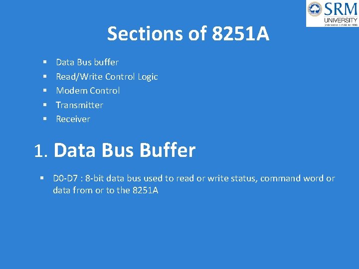 Sections of 8251 A Data Bus buffer Read/Write Control Logic Modem Control Transmitter Receiver