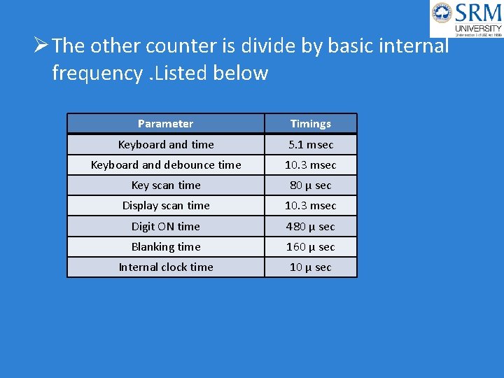 Ø The other counter is divide by basic internal frequency. Listed below Parameter Timings