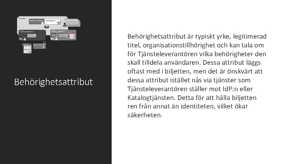 Behörighetsattribut är typiskt yrke, legitimerad titel, organisationstillhörighet och kan tala om för Tjänsteleverantören vilka