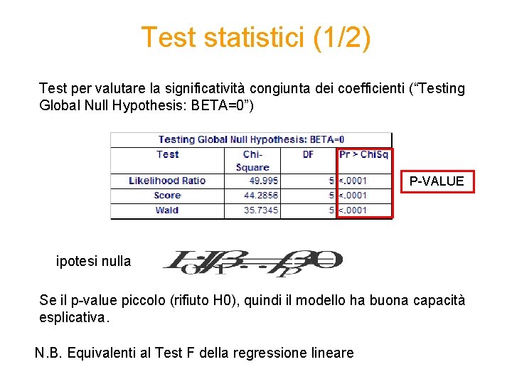 Test statistici (1/2) Test per valutare la significatività congiunta dei coefficienti (“Testing Global Null