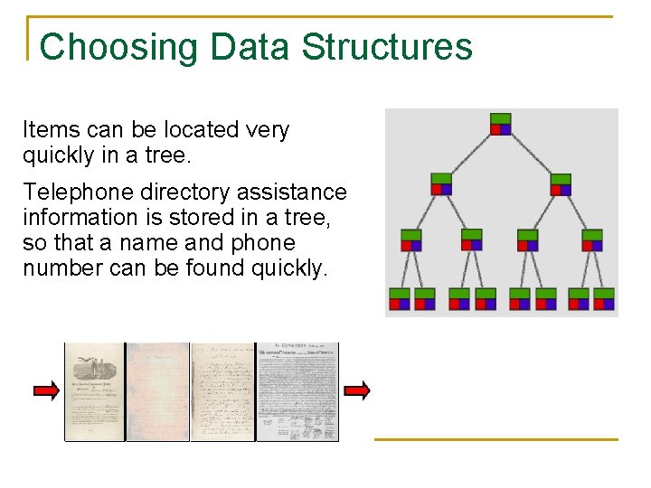 Choosing Data Structures Items can be located very quickly in a tree. Telephone directory