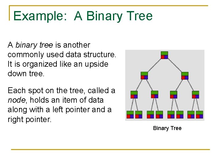 Example: A Binary Tree A binary tree is another commonly used data structure. It