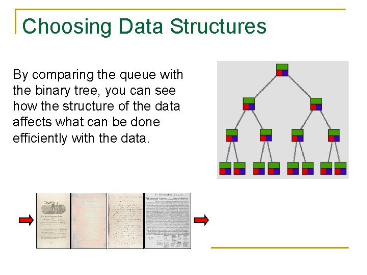 Choosing Data Structures By comparing the queue with the binary tree, you can see