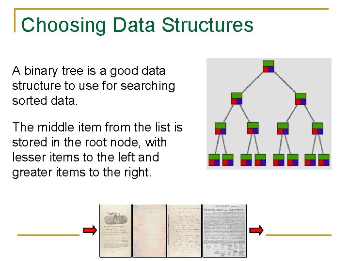 Choosing Data Structures A binary tree is a good data structure to use for