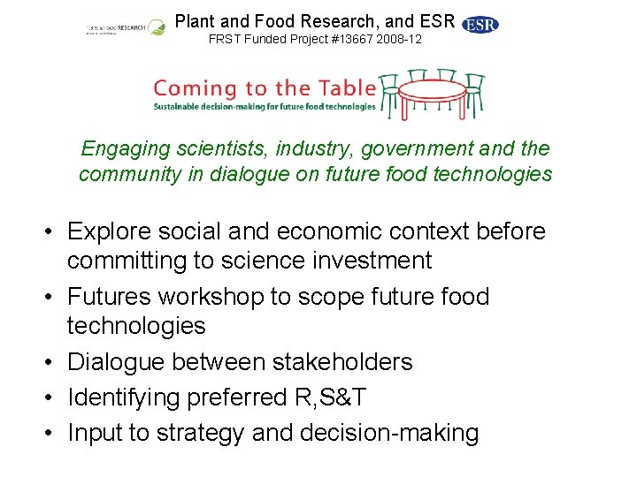 Plant and Food Research, and ESR FRST Funded Project #13667 2008 -12 Engaging scientists,