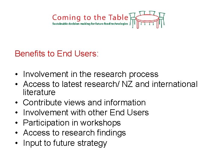 Benefits to End Users: • Involvement in the research process • Access to latest