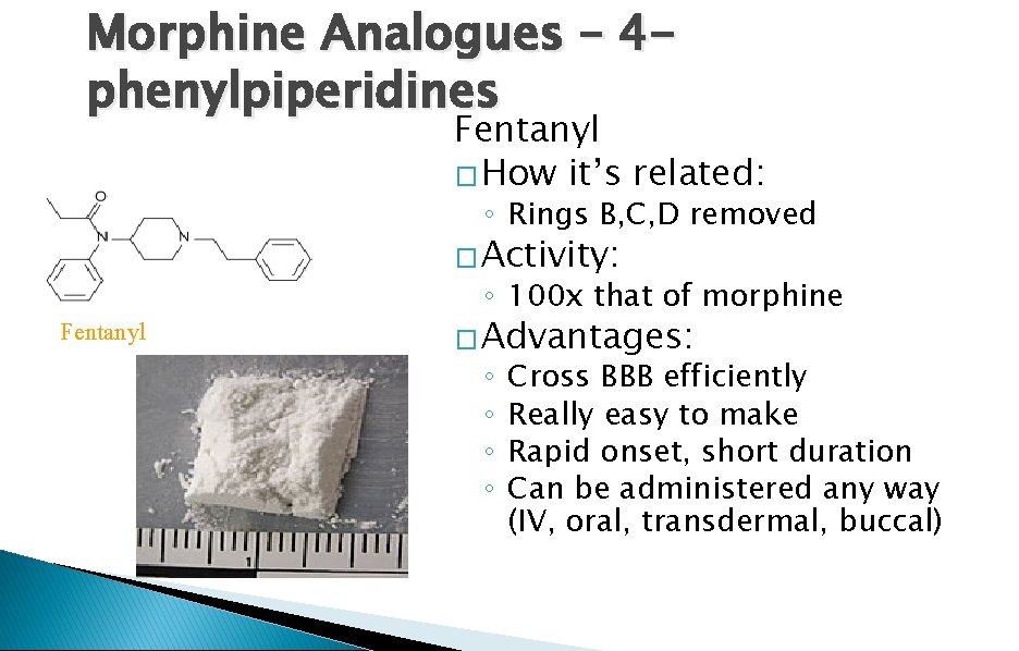 Morphine Analogues – 4 phenylpiperidines Fentanyl � How it’s related: ◦ Rings B, C,