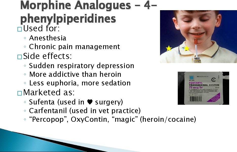 Morphine Analogues – 4 phenylpiperidines � Used for: ◦ Anesthesia ◦ Chronic pain management