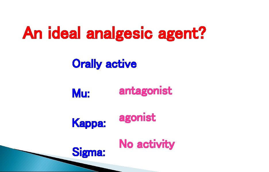 An ideal analgesic agent? Orally active Mu: antagonist Kappa: agonist Sigma: No activity 