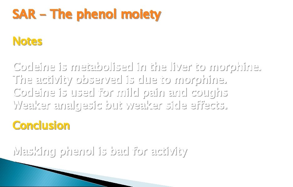 SAR - The phenol moiety Notes Codeine is metabolised in the liver to morphine.