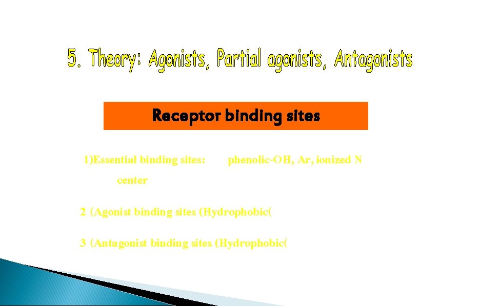 Receptor binding sites 1)Essential binding sites: center phenolic-OH, Ar, ionized N 2 (Agonist binding