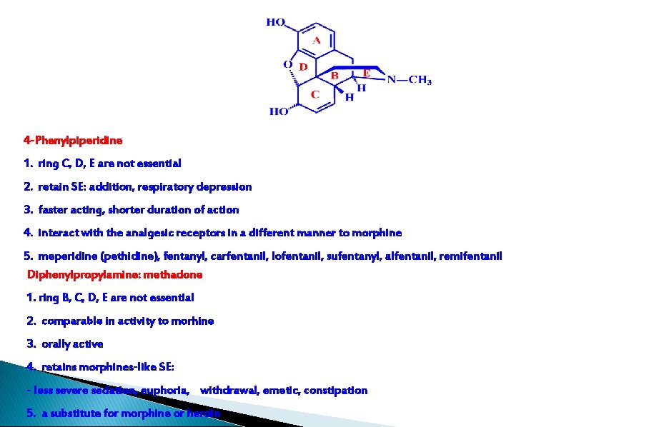 4 -Phenylpiperidine 1. ring C, D, E are not essential 2. retain SE: addition,