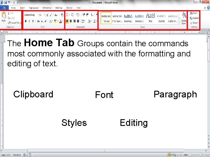 The Home Tab Groups contain the commands most commonly associated with the formatting and